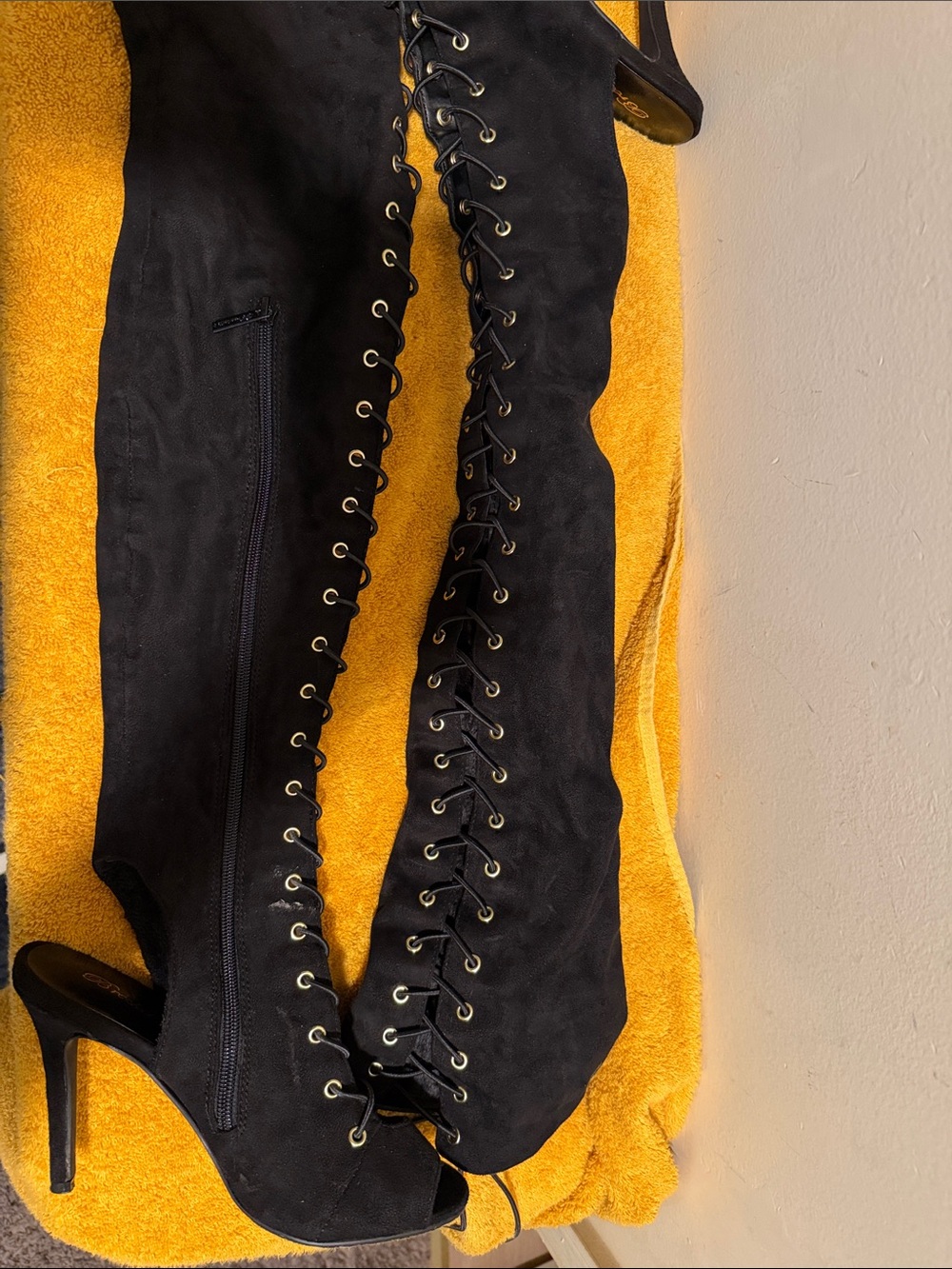 Breckelles Black Lace-Up Over-the-Knee Peep-Toe Heeled Boots - Picture 2 of 6